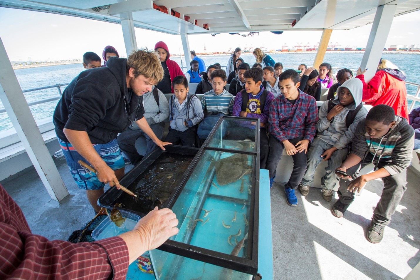 STUDENTS ABOARD THE 'THINK WATERSHED' FLOATING MARINE LAB